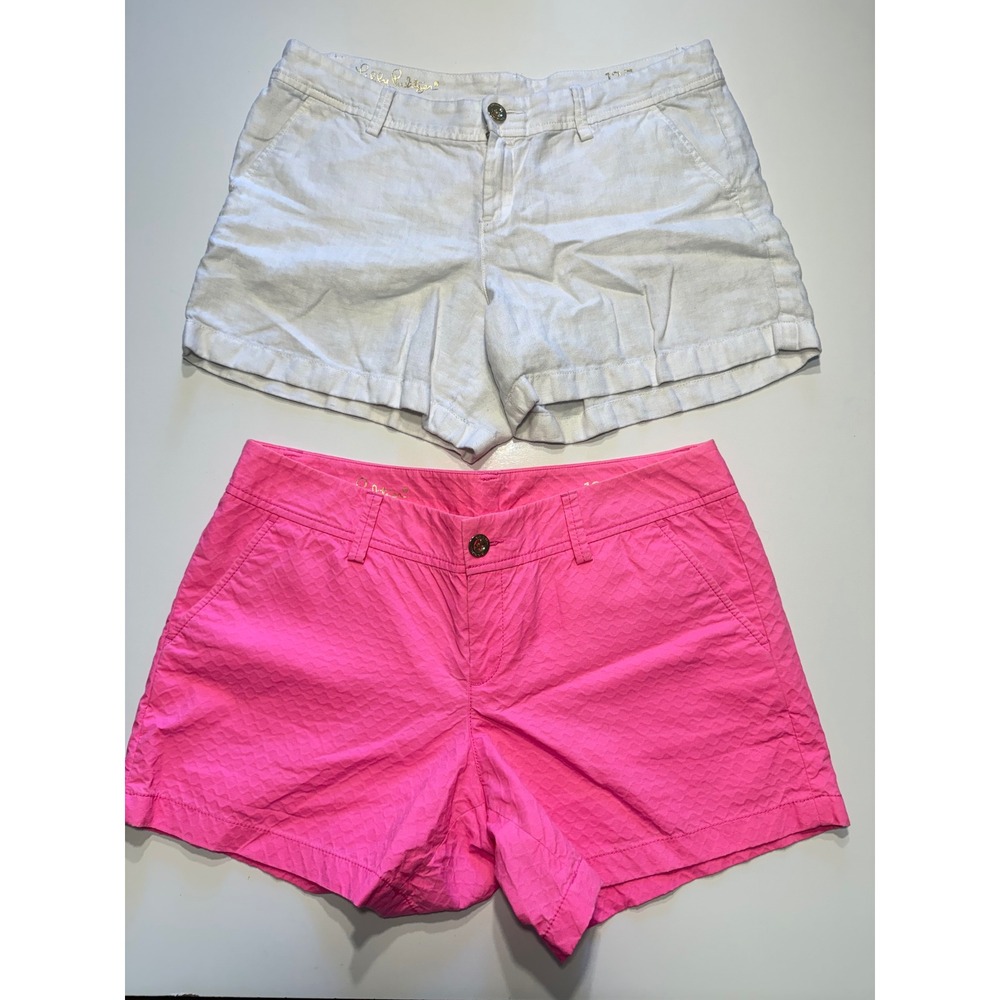 Lilly Pulitzer Callahan Shorts Bundle Size 12 Neon Pink Textured White Linen